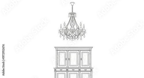 Elegant Chandelier and Cabinetry Sketch - A Study in Interior Design.
