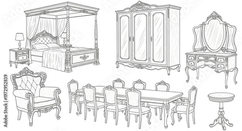 Elegant Furniture Set - Bed, Wardrobe, Vanity, Armchair, Dining Table and Chairs.