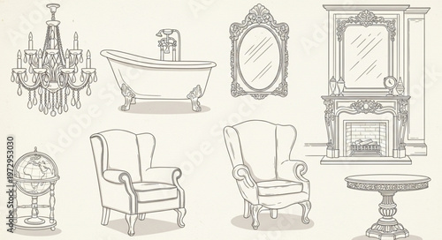 Elegant Interior Design Sketch Featuring Classic Furniture and Fixtures.