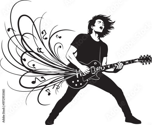 Black and white of a man playing electric guitar with musical notes