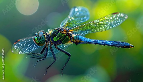 Close-up Macro Shot of a Vibrant Dragonfly with Dewdrops on Wings.