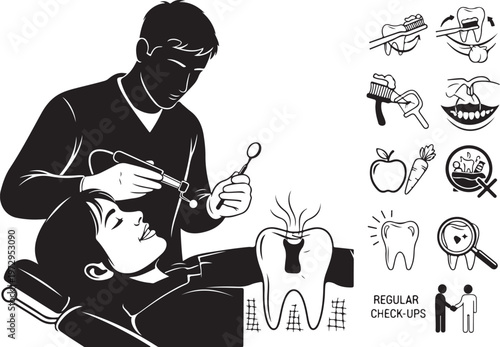 Black and white of dentist examining patient with dental