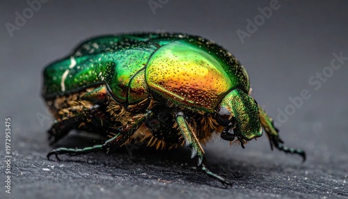 Close-up Macro Shot of a Vibrant Green Beetle with Iridescent Shell.