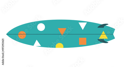 Teal surfboard with colorful shapes.