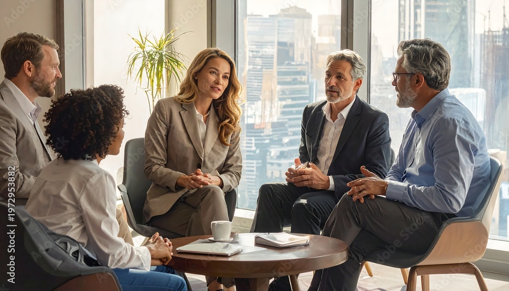 Obraz premium Diverse group in suits seated in circle, sharing ideas in a bright, modern office with city views