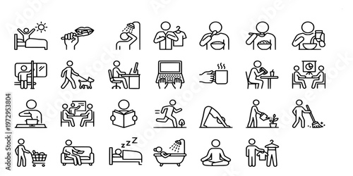 icon liner set collection of daily routine activities and lifestyle habits depicting morning wake up, working, eating, exercising, and resting scenes.