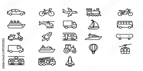 icon liner set collection of modern transportation and vehicles including land, air, and sea travel methods like cars, planes, and ships.