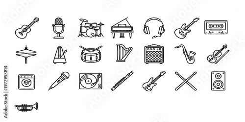 icon liner set collection of musical instruments and audio equipment including guitars, drums, piano, microphones, and various orchestral sound tools.