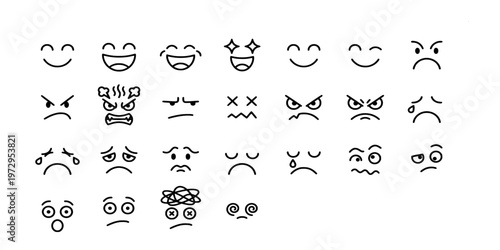 icon liner set collection of diverse facial expressions and emotions featuring various hand-drawn moods from happy and excited to angry and sad.