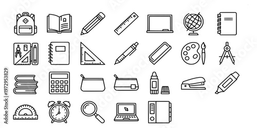 icon liner set collection of school supplies and educational stationery items including books, pens, calculators, and classroom learning equipment.