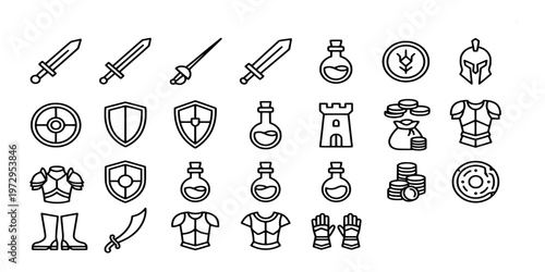 icon liner set collection of medieval fantasy game items including weapons, armor, shields, potions, and treasure icons for gaming.