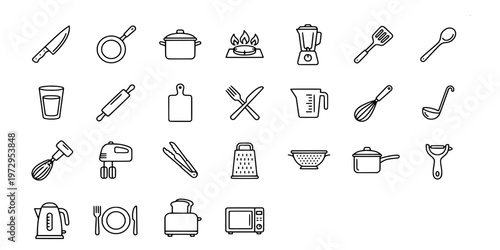 icon liner set collection of kitchenware and cooking utensils including pots, pans, knives, appliances, and various culinary preparation tools.