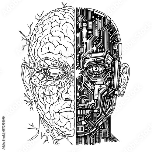 Human brain and robotic head hybrid vector illustration symbolizing artificial intelligence and neuroscience concept with circuit board design and neuron connections.