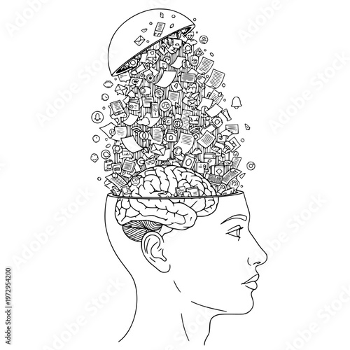 Vector illustration of a human head with brain opened and various digital icons and symbols pouring out representing information overload and mental processing
