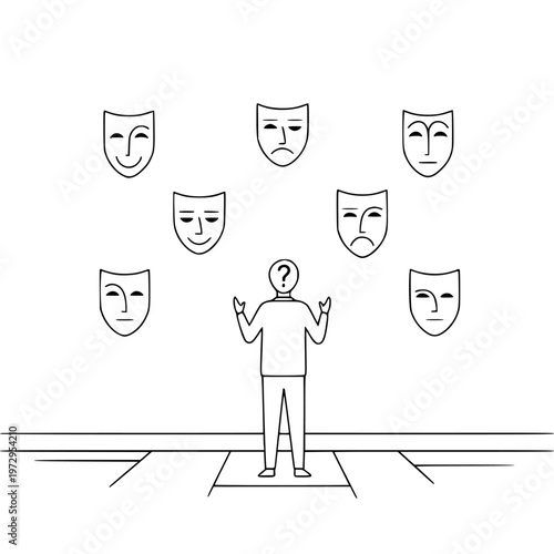 Man with many faces floating above him in confusion and uncertainty vector illustration