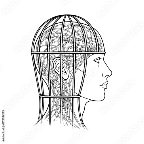 Vector illustration of a woman's head with a cage over her brain symbolizing mental confinement and creative restriction in a simple modern design style.