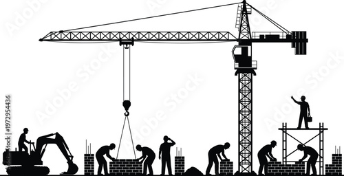 Black Silhouette of Busy Construction Site with Tower Crane Excavator and Workers Building Brick Walls Isolated on White Background for Industrial
