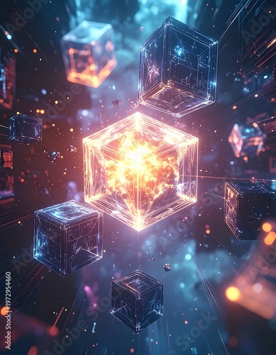 Digital cubes float amid twinkling lights, some emitting warm light, others cool blue, against a blurred cosmic background
