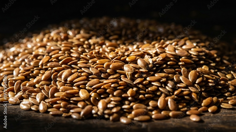 Obraz premium Close up of a pile of flax seeds on a dark background.