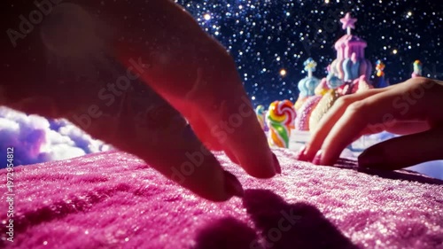 A surreal scene of hands interacting with a pink, sugary landscape under a starry night sky