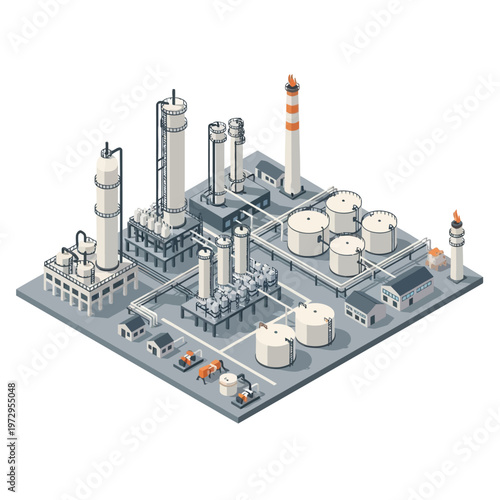 Industrial Oil Refinery Plant with Storage Tanks and Towers.