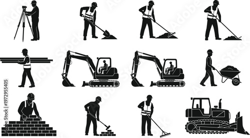 Black Silhouette Set of Construction Workers Engineers Bulldozers and Excavators Carrying Materials and Building Brick Wall Isolated on White Background