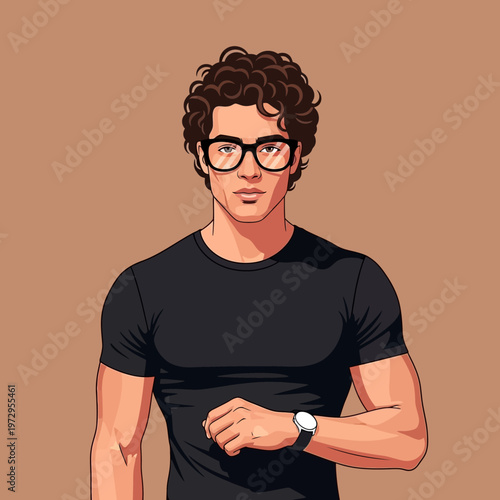 Illustration of a man wearing glasses and watch.