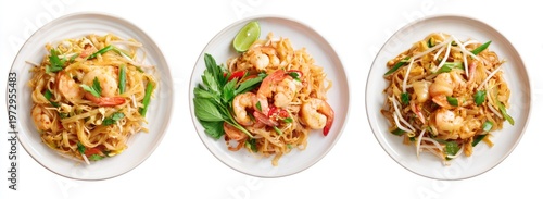 Three plates of delicious Pad Thai with shrimp and fresh lime garnish, presented from a top-down perspective.
