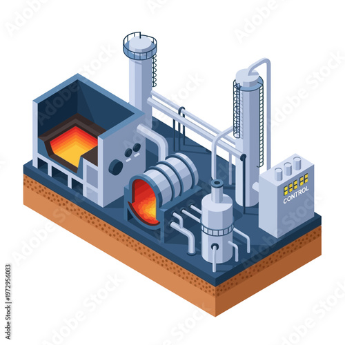 Industrial plant with furnace and distillation tower.