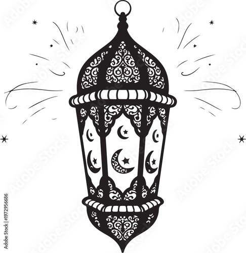 Black lantern with crescent moons and stars white
