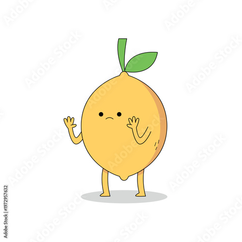 Cute lemon fruit cartoon character lifting both hand scared doodle