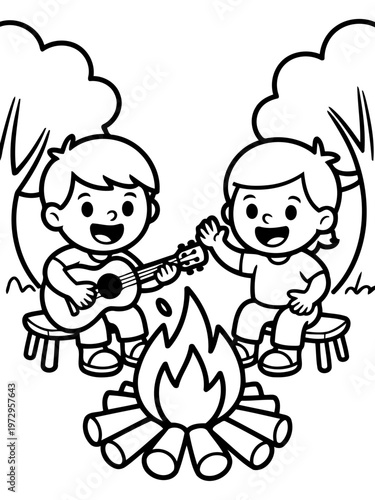 Campfire Serenade: A black and white illustration of two children enjoying a campfire, one playing a guitar while the other waves, under the shade of trees.
