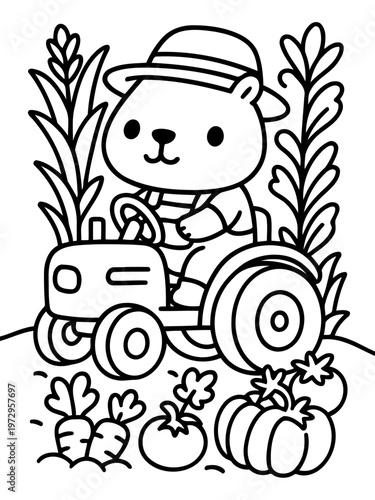 Friendly Farmhand at Work: A charming farm scene featuring a cute cartoon bear in a straw hat driving a tractor amidst vibrant crops, capturing the essence of agricultural life.