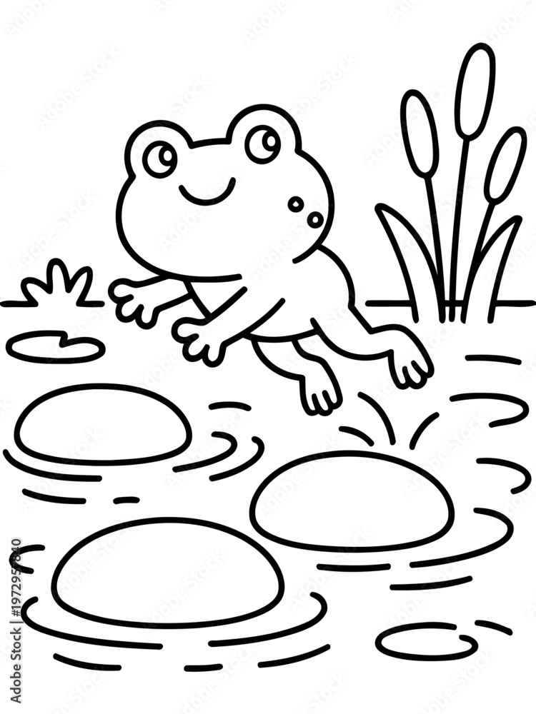 Fototapeta premium Jumping Frog in Pond: A cheerful frog leaps across lily pads in a serene pond, its joyful expression and simple surroundings creating a whimsical feel.