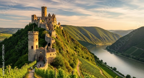 Historic Castle on a Hilltop Overlooking a River Valley with Vineyards at Sunset.