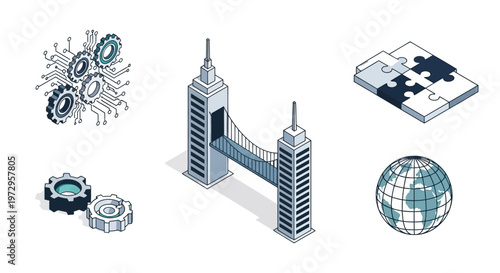 An illustration shows a futuristic cityscape with skyscrapers and globe surrounded by gears, puzzle, and virus icons.
