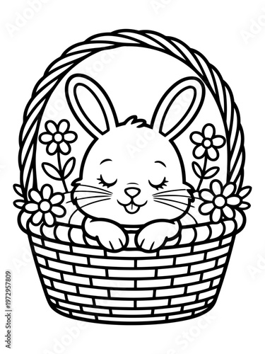 Easter Bunny in Basket: A charming illustration depicts an adorable Easter bunny nestled within a woven basket, surrounded by delicate floral accents.