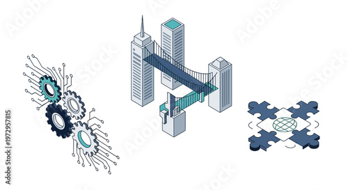 A futuristic cityscape with sleek skyscrapers and innovative technology features a large gear system and puzzle pieces in the foreground.