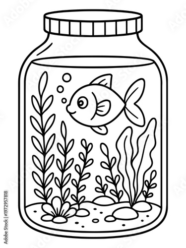 Fish in Jar Illustration: A charming, whimsical illustration depicts a goldfish peacefully swimming within a glass jar, surrounded by aquatic plants and bubbles.