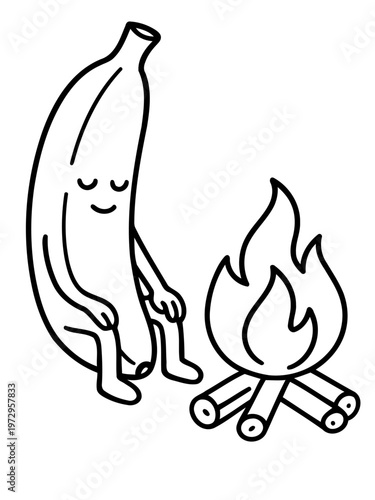 Banana Bonfire: A whimsical illustration showcases a smiling banana figure enjoying the warmth and glow of a bonfire, evoking feelings of comfort and relaxation.