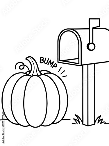 Pumpkin Meets Mailbox: A whimsical illustration depicts a plump pumpkin playfully bumping into a classic mailbox.