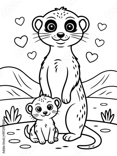 Meerkat Love: An endearing illustration captures the heartwarming bond between two meerkats. One, standing tall, watches over their offspring with loving care.