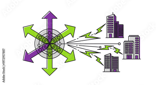 Arrows radiate outward from a central point toward city buildings effectively.
