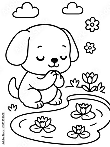 Zen Pup's Serenity: A cute cartoon pup sits calmly in meditation, surrounded by flowers and a tranquil pond, embodying inner peace and mindful contemplation.