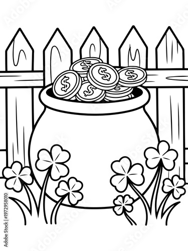 Pot of Gold: Depiction of the classic Irish symbol: a pot filled with golden coins, set against a backdrop of shamrocks, evoking themes of luck, fortune, and prosperity.