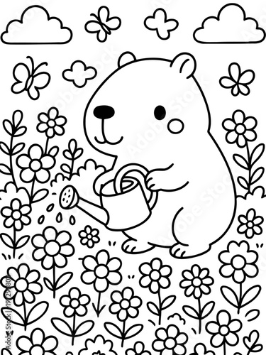 Happy Hamster Gardening in Bloom: An adorable hamster diligently waters flowers in a vibrant, blooming garden, butterflies and clouds adorning the scene.