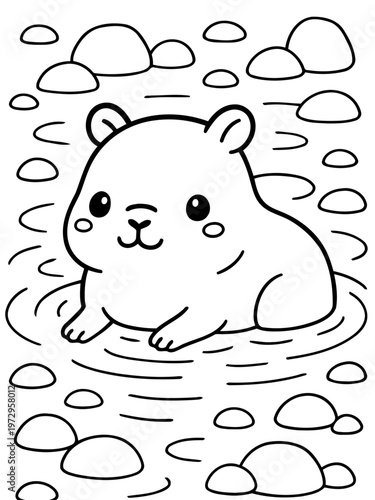 Cute Cartoonish Beaver in Water: A whimsical cartoon beaver floats serenely in a water, embraced by smooth stones, evoking a sense of tranquility and lightheartedness.