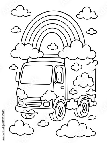 Rainbow Delivery: A whimsical illustration showcases a delivery truck navigating a sky filled with fluffy clouds and a vibrant rainbow, symbolizing the journey of goods and services.