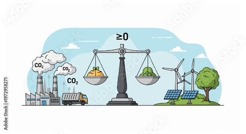A balance scale stands between an industrial factory emitting carbon dioxide and a green landscape featuring wind turbines and solar panels.