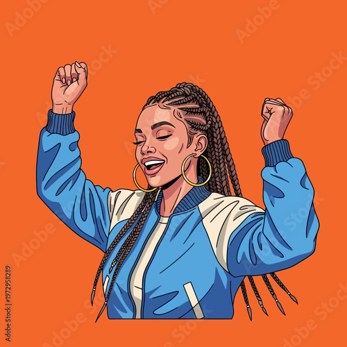 Young Woman with Braids Celebrating.